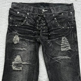 Vintage Double-Belt With Micro-Tight Jeans Men Y2k Street Water Wash To Make Old Hole Tug Pants Tide 68HZ