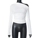 2025 Slanted Shoulder Asymmetrical Solid Umbilical Umbilical Top Long Sleeve Splicing Design