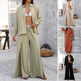 Dili 2025 Spring And Summer Leisure Holiday Wind Solid Shirt Broad Leg Trousers Women's Clothing 2 Sets