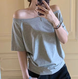 INS New Word Shoulder-To-Shoulder Solid Color T-Shirt Girl Y2k Hottie Lazy Wind Loose Casual Top 68HZ