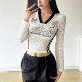 2025 Autumn New Women's Clothing Solid Color Body Open-Vum Fashion V Collar Long Sleeve Print Top Lady 68HZ