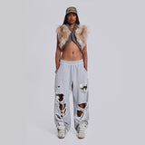Street Hole-Breaking Slack Women Loose High Waist Hanging Feeling Irregular Sports Pants Tide 68HZ