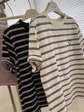 Vintage Casual Round-Neck Black And White Striped Short-Sleeved T-Shirt Women Loose Literary And Art Bottoming Shirt Summer New Students