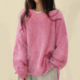 Casual Pure Color Open Fork Knitted Knitted Women Loose Long-Sleeved Round Sweater Autumn And Winter New 68HZ