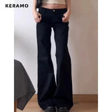 Y2k Low-Rise Black Micro-Tipped Jeans Women Water Wash Retro Hottie Repair Drag Long Pants 68HZ
