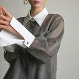 Spring And Summer New Sun Protection Top Temperament French Fashion Slench Gray Retro Loose Shirt Woman