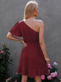 Dress 2025 Spring Solid Color Unilateral Sleeves And Shoulder Side Solid Color High-Waisted Oblique Shoulder Mid-Slope Shoulder Skirt
