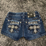 Embroidery Denim Shorts Female Y2k Harajuku Retro Cross Pocket Embroidery Low-Waisted Hot Pants 68HZ