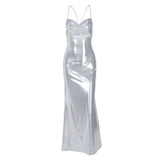 Women's Dress Collar High-Waist Sexy Body-Daughted Strapped Long Skirt Bright Party Elegant Sling Skirt Dress