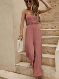 New Commuting Style Solid Fashion Tight Waist Wide Legs Slings Jump-Joint Pants