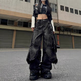 High Street Hole-Breaking Two Pieces Of Old Work Clothes Jeans Women Hiphop Street Retro Broad Leg Pants Trend 68HZ