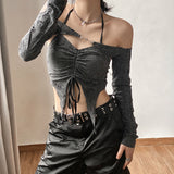2025 Summer New Women's Pure Color Body Open Umbilical Fashion Fold Hanging Neck T-Shirt 68HZ