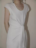 Spring And Summer New Structure Design Elegant French Lazy Dress U Collar Waist Thin After Open Fork Knot Dress