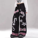 Vintage Graffiti Design-Sensitive Jeans Women Y2K New High-Rise Loose Thin Straight Pants Tide 68HZ