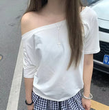 INS New Word Shoulder-To-Shoulder Solid Color T-Shirt Girl Y2k Hottie Lazy Wind Loose Casual Top 68HZ