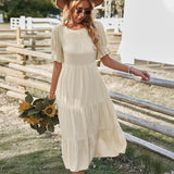 Solid-Color Leisure Holiday Dress 2026 Spring And Summer Collar Big Swing Skirt Lotus Leaf Side
