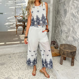 Dili 2025 Spring And Summer Leisure Holiday Wind Hit The Color Print Cane Seven-Point Pants Suit Woman