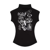 Vintage Chic Unique Babes Shoulderless Half-Necked T-Shirt Girls Summer Waist Thin Print Top 68HZ