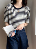 Pure Cotton Short-Sleeved Horizontal Streak T-Shirt Women's Summer 2025 New Loose Half-Sleeved Sympathize Casual Bottoming Shoulder Coat