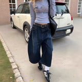 Embroidery Stitching Scissors Jeans Women's Summer Design Sense Of Loose Retro High-Waist Broad-Legged Seven-Point Pants 68HZ