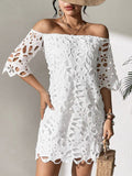 2025 New Commuter Wind Solid Color Brae Shoulder Hollow Lace Dress Dress Dress Dress Woman