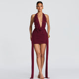Spring And Summer New Women's Personalized Water Drop Decoration Sexy Deep V-Neck Hanging Neck And Hip Dress