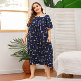 Spring And Summer Plus Code Lady Home Dress Skirt Short-Sleeved Lace Splicing Four-Sided Bullet Print Home Pajamas Woman