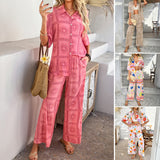 Dili 2025 Spring And Summer Leisure Holiday Wind Bohemian Geometric Cardigan Short Sleeve Broad Leg Pants Set