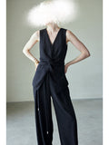 Beauty Wrinkled Vest Backs Thin Three-Dimensional Kinesi V Collar Sleeveless Coat Broad Leg Pants Women Summer Suit