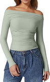 2025 New Women's Shoulder-To-Shoulder Solid-Colored Wrinkles One-Word Long-Sleeved Sexy Top