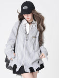 Black V-Neck Long-Sleeved Knit Coat Y2k Autumn/Winter Languid Leprosy Sweater Irregular Zipper Opener 68HZ
