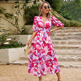 Dili Design Dress 2025 Summer Temperament To Close The Waist Deep V Collar Print Long Dress
