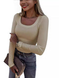 New Explosion Thread Pit Strips Long-Sleeved Sexy U-Neck Casual Women's T-Shirt