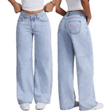 Butterfly Embroidered Jeans Women's Y2K High Street Low-Rise Straight Pants 68HZ