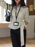 New Retro Temperament Wave Dot Round Neck Long-Sleeved Top Woman Irregularly Tied Belt Waist Shirt