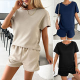 Dili Women's Clothing 2025 Summer Solid Color Knit Round Collar Top Shorts Casual Two-Piece Set