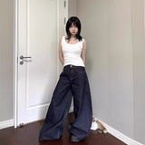 High Street Vibe Dark Blue Jeans Women Y2k Water Wash Loose High-Rise Straight Trousers Tide 68HZ