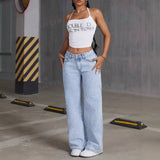 Butterfly Embroidered Jeans Women's Y2K High Street Low-Rise Straight Pants 68HZ