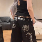 High Street Babes Letter Flowers Embroidered Scissor Jeans Women Y2k Loose High-Waisted Broad-Legged Trousers 68HZ