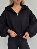 Easier Women's 2025 Spring Short-Term Cash Waist Lavel Hoodie Casual Zipper Long Sleeve Coat 68HZ