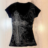 Vintage Black Tie-Dye Print T-Shirt With Thin Vintage Design V-Neck Short-Sleeved Punk Top 68HZ