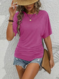 2025 Ladies Casual Fashion Pure Color Folded Round Collar Short Sleeves To Repair Summer T-Shirt