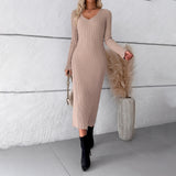 Dili Women's Clothing 2025 Autumn And Winter Temperament Elegant V-Neck Long-Sleeved Wool Dress