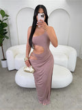 New Fashion Banquet Solid Color Temperament Sexy Hollow Design Dress Dress Dress Woman