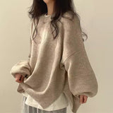Casual Pure Color Open Fork Knitted Knitted Women Loose Long-Sleeved Round Sweater Autumn And Winter New 68HZ