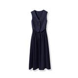 New British Old Money Fake Two Simple Commuting V-Neck Sleeveless High-Waist-Blend Dress
