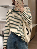 Pure Cotton Striped Bottoming Shirt Women In The Spring And Autumn Atmosphere Loose Thin With Long-Sleeved T-Shirt Casual Wear