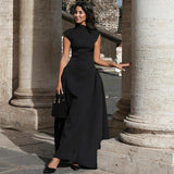 Women's Autumn New Solid Color Sleeveless Fashion Style Dress Folds Long Dress