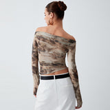 2025 Summer New Sexy Tie Dye Retro 3D Printing Embossed Shoulder Cloth Umbilical Long-Sleeved T-Shirt Girl