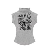 Vintage Chic Unique Babes Shoulderless Half-Necked T-Shirt Girls Summer Waist Thin Print Top 68HZ